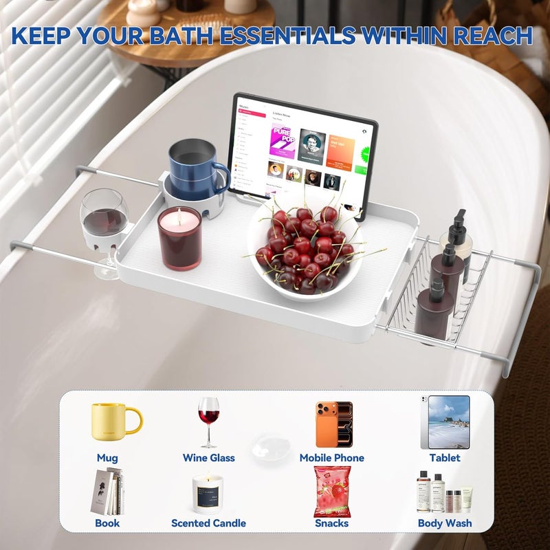 CLESOO Bathtub Tray for Large Soaking Tub Table Tray Expandable Tub Shelf for Bathtub Caddy Bath Shelf Over Tub Luxury Bath Board Book Holder with Removable 2 Cup Holder Phone Metal Shower Caddy Basket White - Image 3